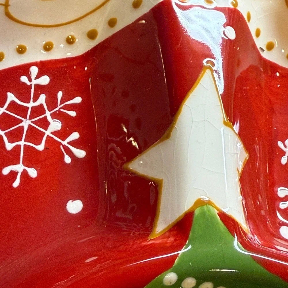 Pier 1 Hand-Painted Christmas Tree Holiday Divided Dish Hand Painted 13.5